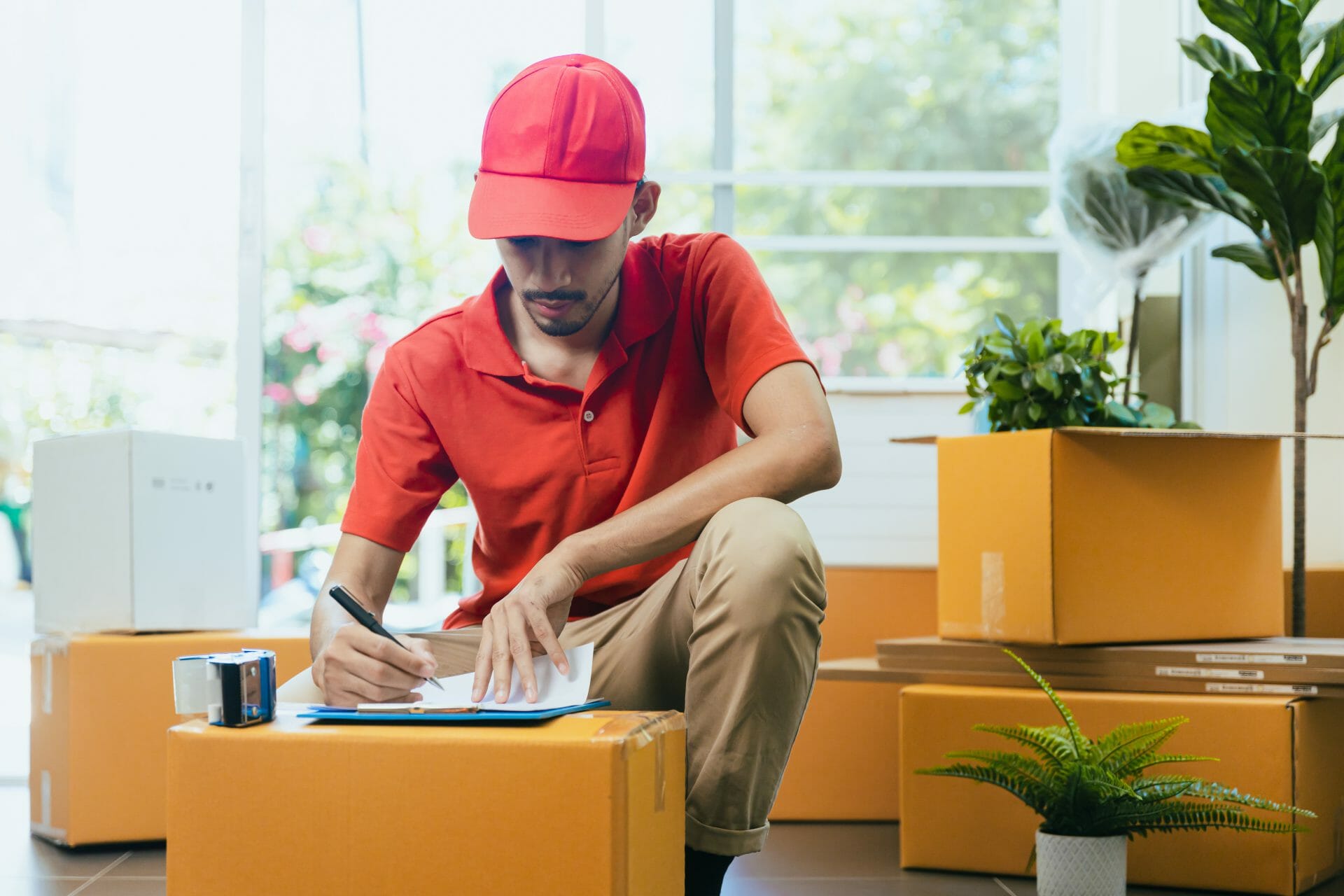 Delivery man checking delivery list before sent to customer